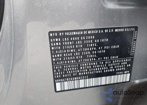 2025 Volkswagen Taos 1.5T S из США, поврежденный, VIN 3VV8C7B24SM041217